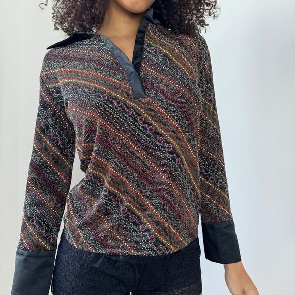 Vintage Italian Sparkly Textured Collared Top with Satin Trim (M) - Picture 4 of 7